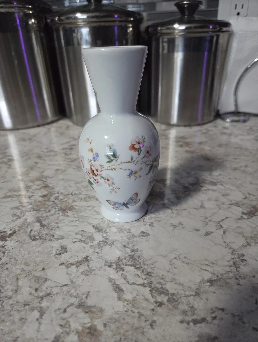 Vintage Limoges France White Porcelain Small Vase 5.5 Inches, Floral, Butterfly